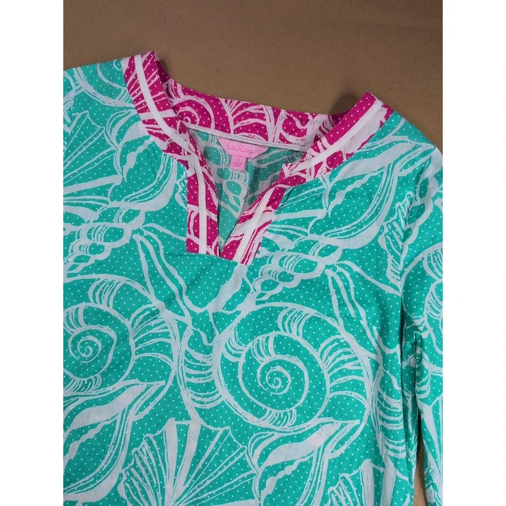 Lilly‎ Pulitzer Women Small Swim Cover Teal Tunic King Conch 3/4 Sleeve Seashell